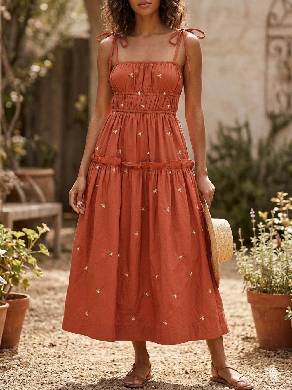 New En Saison Tiered Rust Embroidered Dress